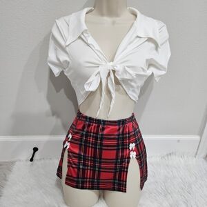Sexy White Tie-Front Top and Red Plaid Skirt Set